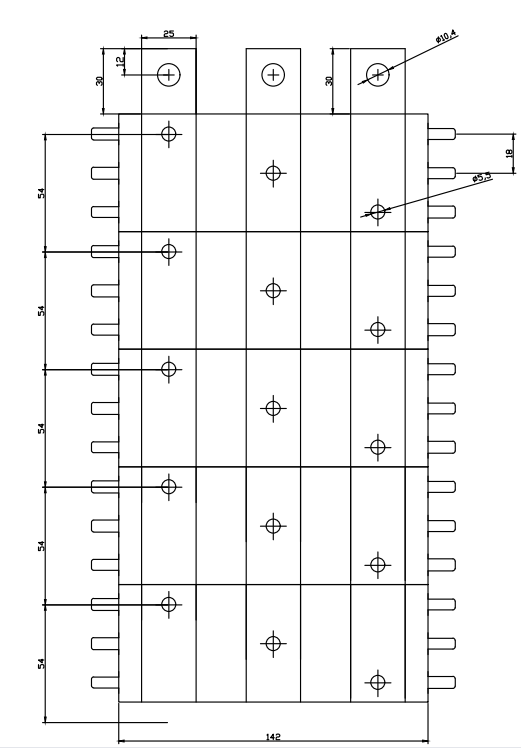 drawing of 400A Din rail type Copper Busbar