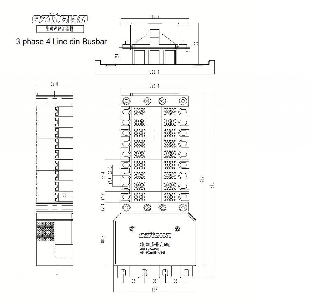 drawing of 3 phase 4 wire main load copper busbar